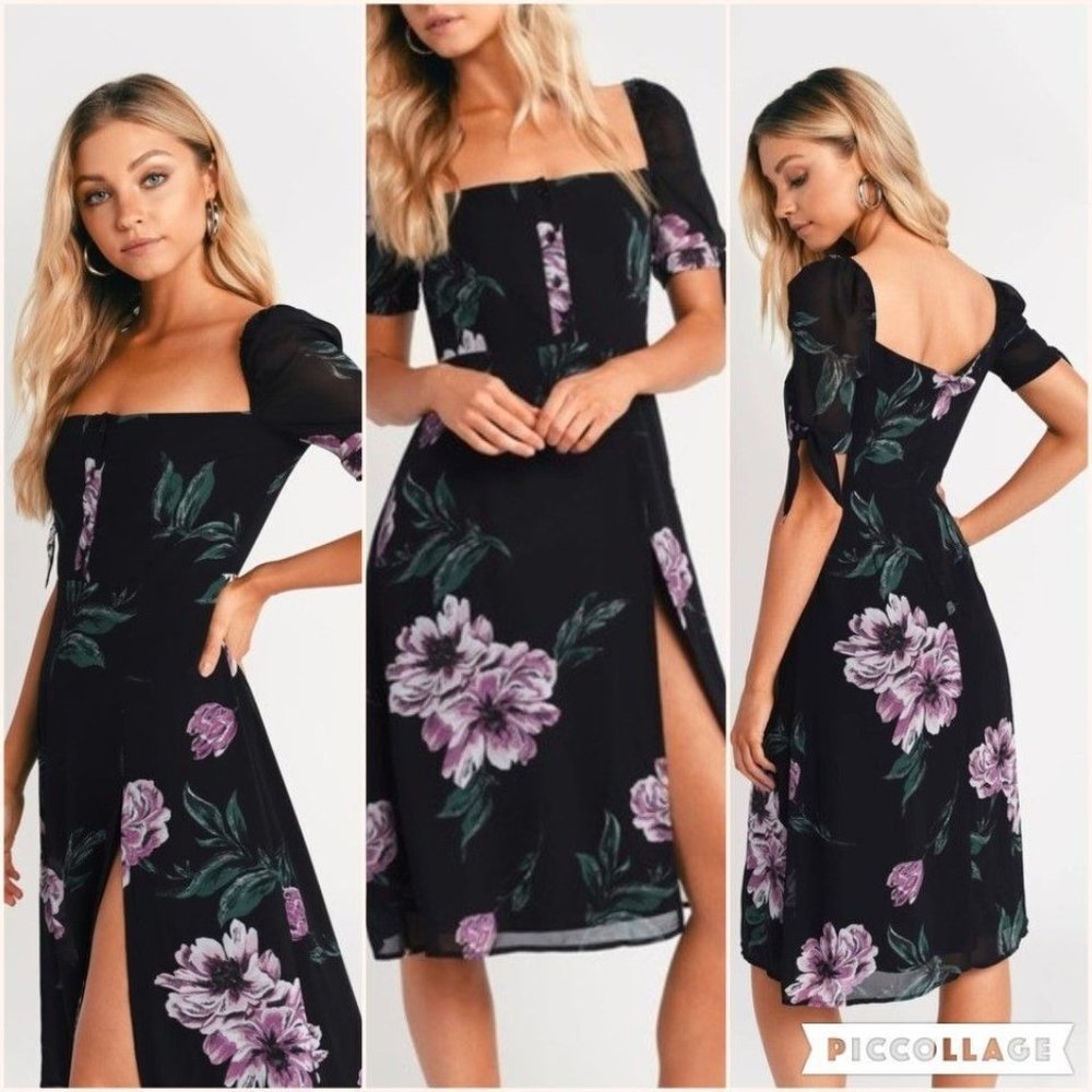 Tobi Feelin Floral Side Slit Midi Dress sz SP Black Square Neck Short Sleeve Tie